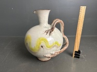 Elegant delicately coloured glazed ceramic vase/jug with clawed handle - signed to base - 3