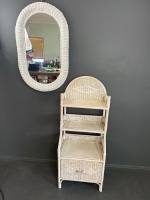 Painted wicker shelving unit + mirror