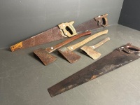 3 axes/hatchet and 3 hand saws - 3