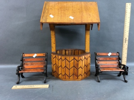 Vintage Timber Wishing Well + 2 Mini Iron & Timber Benches