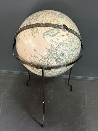 Large Vintage World Globe on Brass Stand