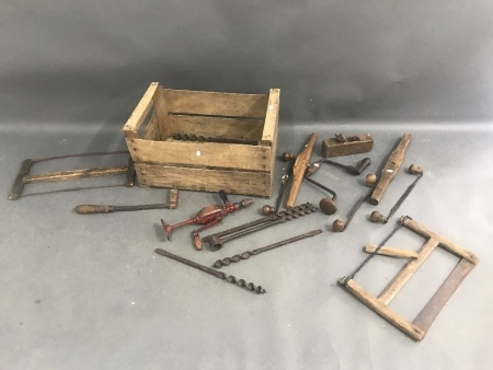 Vintage Apple Crate with Collection of Old French Tools inc. Spoke Shaves, Augers Etc