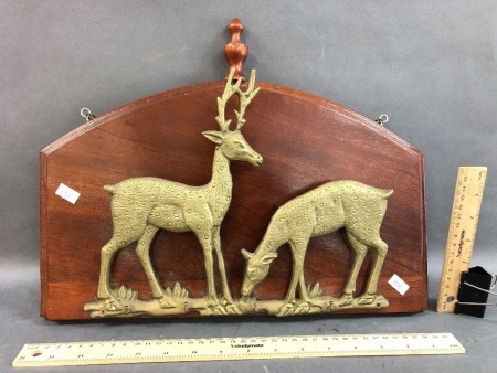 Vintage Timber Mounted Brass Deer Key Rack