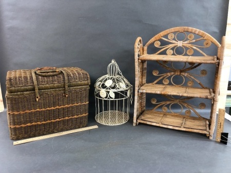 Boho Folding Cane Shelf, Wire Bird Cage + Vintage Picnic Basket -As Is