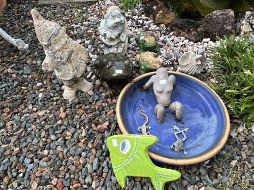 Assorted garden ornaments - glazed pottery, terracotta, metal