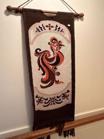 Woven wall hanging depicting rooster