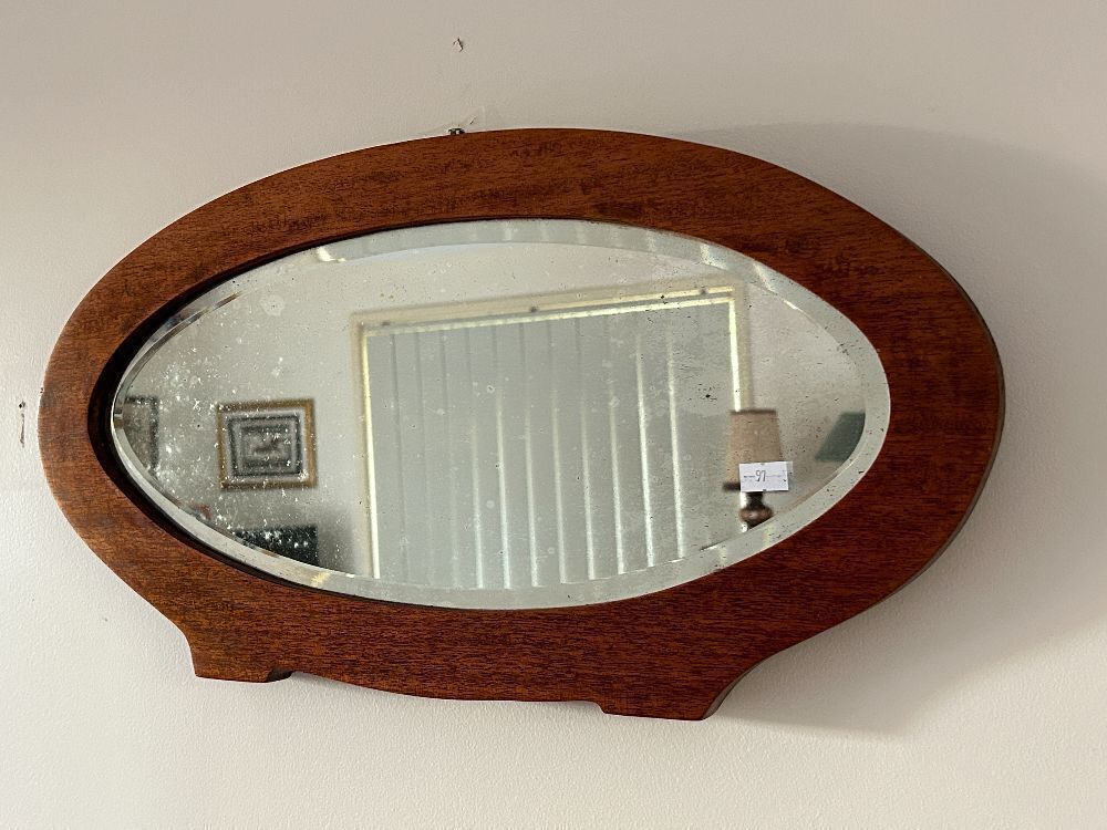 Small vintage wood framed oval bevelled edge mirror