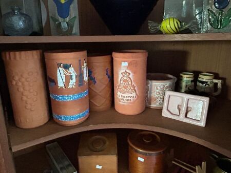 Shelf lot of terracotta and glazed ceramics plus lot 101