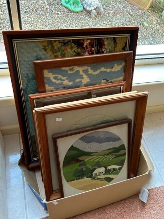 Assorted framed embroidery pictures