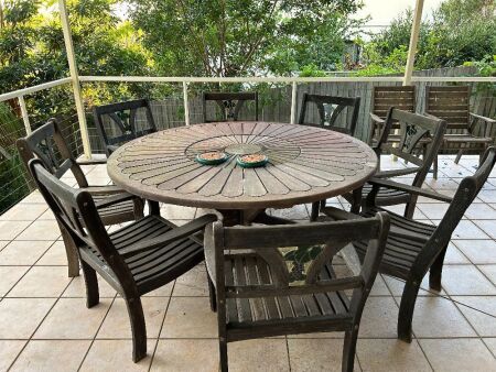 Large 9-piece wooden veranda setting - chairs with leadlight inlays