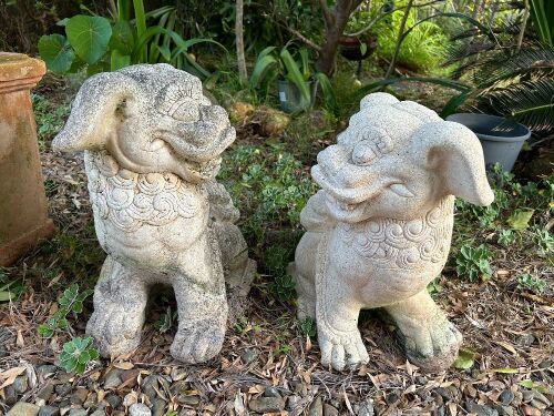 Pair of concrete temple dogs