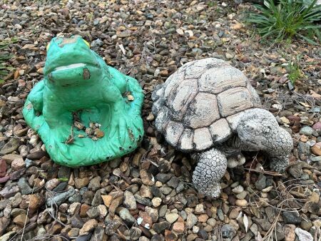 Concrete turtle and frog statues