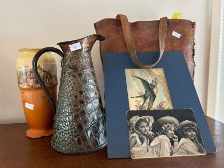 Assorted lot inc vintage postcards, bag, vase & jug