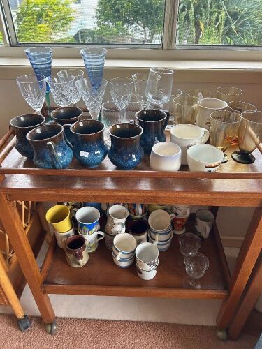 Assorted glassware and crockery (on tea trolley)