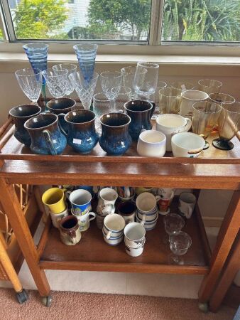 Assorted glassware and crockery (on tea trolley)