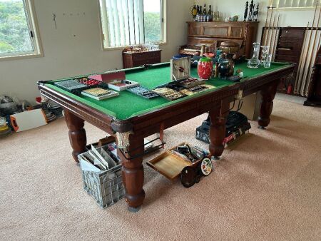 Pool table with cues, rack, balls etc