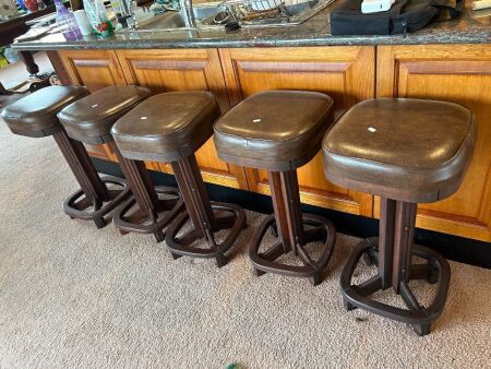 5 wooden bar stools with leatherette cushioned seats