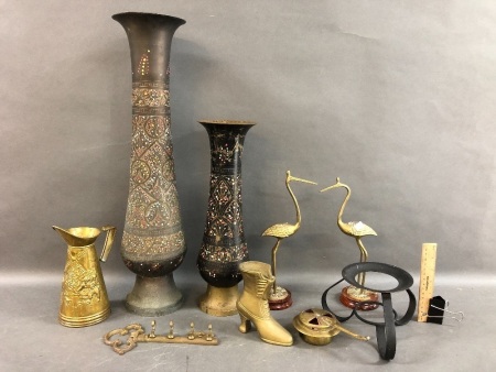 Box Lot of Brass inc. Pair Indian Vases, Pair Birds, Brass Boot etc