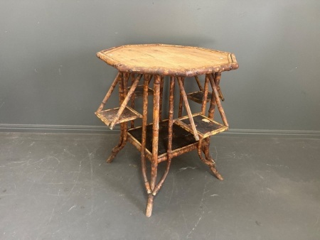 Midcentury Octagon Tiger Cane Table w. small side shelves