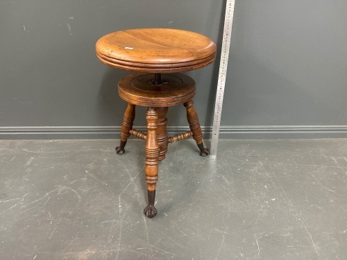 Antique Meridon Adjustable Wooden Piano Stool Claw & Glass Ball Feet