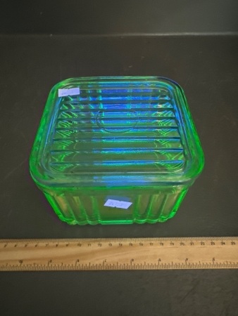 Square Uranium Glass Butter Dish with Lid