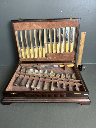 Near Compete Bone Handle Cutlery Set in Timber Box