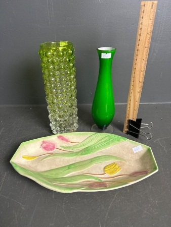 2 Green Vases Murano & Flower Plate