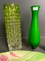 2 Green Vases Murano & Flower Plate - 2