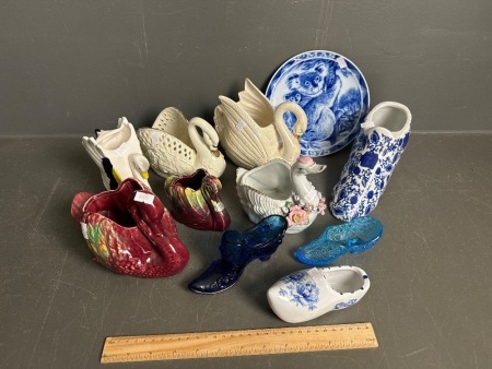 Large Ceramic Lot Swans & Shoes