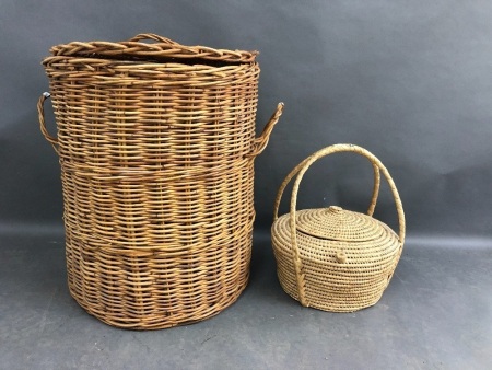 Wicker Laundry Basket with Lid + Woven Grass Basket