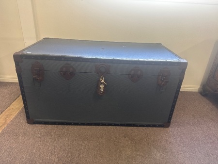 Large Blue Vintage Storage Trunk with Key