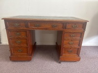 Victorian English Oak Double Pedestal Writing Desk 9 Drawers w. green Tooled Leather Top on Castors