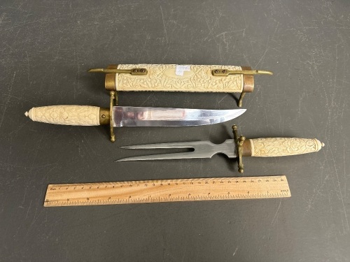 Asain Style Carving Knife & Fork in Plastic Sheath w. Brass Fittings