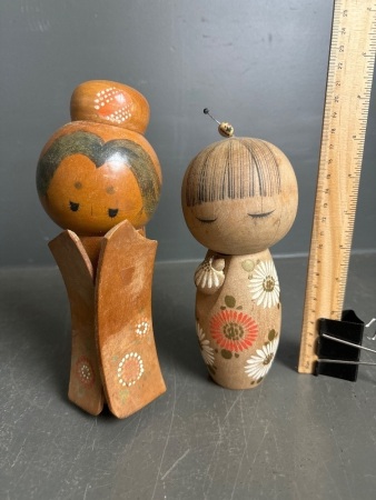 2 Vintage Wooden Kokeshi Dolls