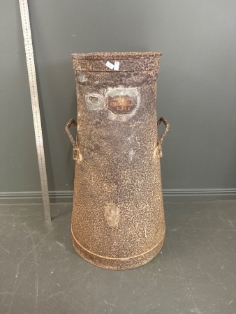 Rare 1920s conical railway milk churn from Gympie w. copper plaque stamped Sorensen North Deep Creek - Fantastic historical decorator pieces - app 700 H - rust holes in the bottom