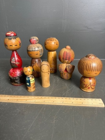 7 Vintage Wooden Kokeshi Dolls