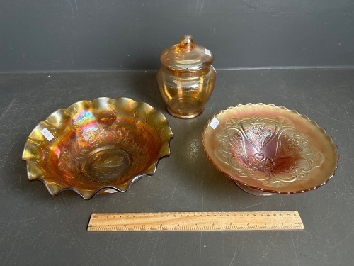 Marigold Carnival Glass inc. Swan Bowl, Comport, and Lolly Jar