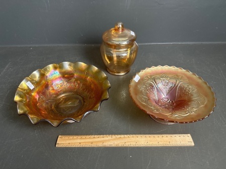 Marigold Carnival Glass inc. Swan Bowl, Comport, and Lolly Jar