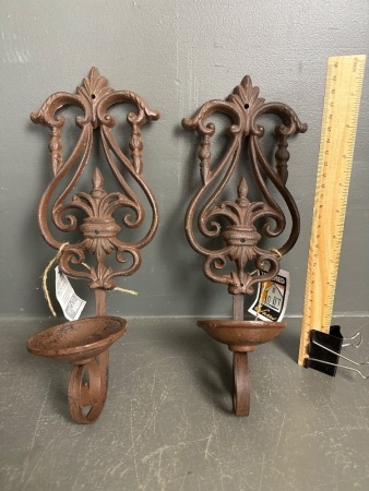 Pair Cast Iron Wall Hanging Candle Holders