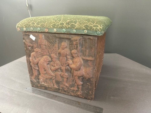 Antique Pressed Metal Coal Storage Box with Hinged Lid