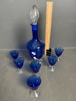 Italian Blue & Clear Hand Blown Decanter w. 6 Liquer Glasses