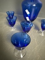 Italian Blue & Clear Hand Blown Decanter w. 6 Liquer Glasses - 2