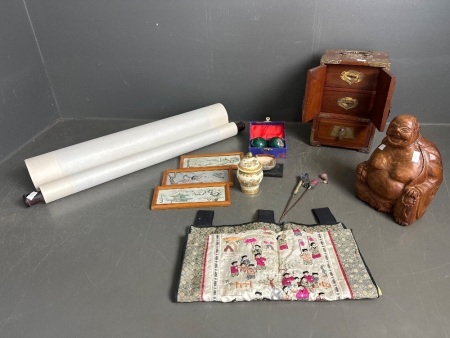 Decorative Asian Lot with Beautiful Rosewood & Brass Chinese Jewellery Box and Original Chinese Scroll