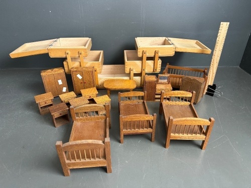 Selection of Wooden Dolls Furniture & Small Folding Sewing Box