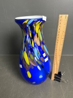 Heavy royal blue art glass vase with multicoloured features