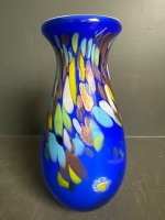 Heavy royal blue art glass vase with multicoloured features - 2