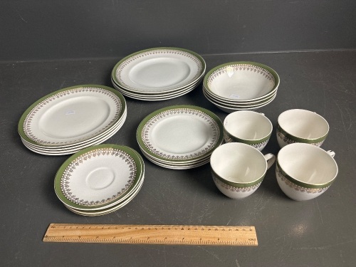 24 piece Royal Tunstall by Wedgwood sage and gilded trim dinner setting C1960s