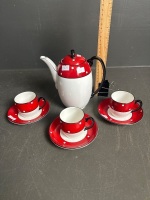 Rare Royal Grafton art deco red/black and white polka dot coffee set for 3 C1950s