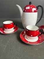 Rare Royal Grafton art deco red/black and white polka dot coffee set for 3 C1950s - 2