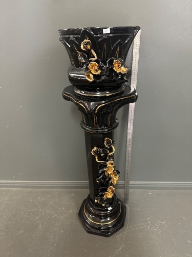 Magnificent Ornate Black and Gold fully glazed porcelain pedestal stand and matching planter pot with trailing roses - with maker mark